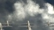 Airplanes flying between cumulus clouds