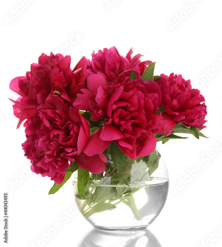 Photo: beautiful pink peonies in glass vase isolated on white beautiful pink peonies in glass vase isolated on white