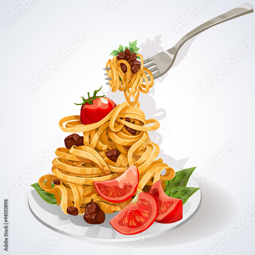 Vektor: Pasta with tomato and meat sauce on a plate and fork Pasta with tomato and meat sauce on a plate and fork
