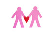 Two paper stick figures holding a red heart over white background