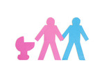 Photo: Two stick figures holding hands while standing besides a baby carriage over white background Two stick figures holding hands while standing besides a baby carriage over white background