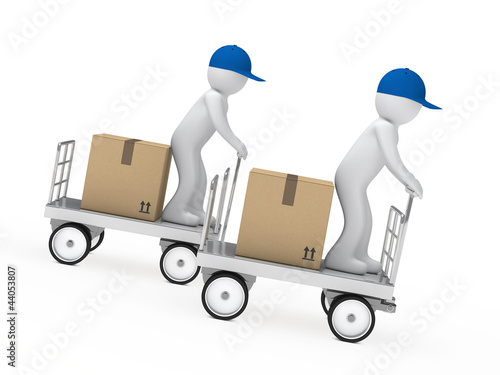 Illustration: two figures drive a trolley two figures drive a trolley