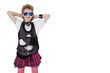 Portrait of punk kid in fancy dress with hands behind head over white background