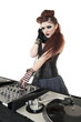 Photo: Beautiful DJ with sound mixing equipment over white background Beautiful DJ with sound mixing equipment over white background