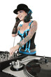 Happy tattooed DJ over white background
