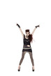 Photo: Portrait of a beautiful young woman with arms raised over white background Portrait of a beautiful young woman with arms raised over white background