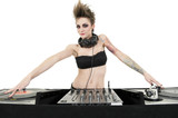 Photo : Portrait of beautiful young female DJ wearing strapless lingerie over white background Portrait of beautiful young female DJ wearing strapless lingerie over white background