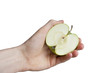 Photo: Cropped image of hand holding sliced apple over white background Cropped image of hand holding sliced apple over white background