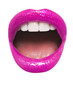 Close-up view of female wearing pink lipstick with mouth open over white background