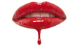 Close-up of red lipgloss dripping from woman's lips over white background