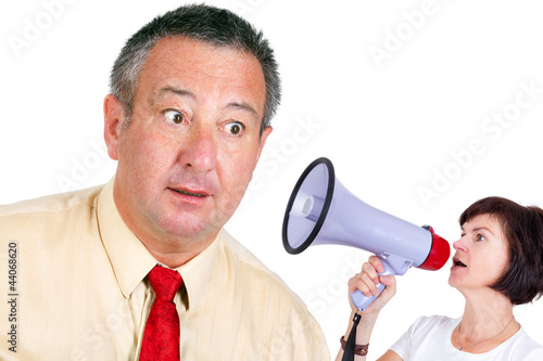 Photo: Woman and man with megaphone Woman and man with megaphone
