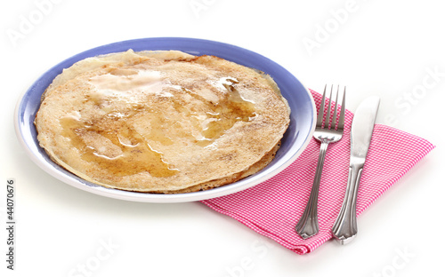 Photo: Stack of tasty pancakes isolated on white Stack of tasty pancakes isolated on white
