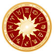Horoscope Sun Signs, twelve gold Zodiac symbols, red mandala