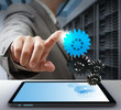 business man touch on gear as computer solution concept