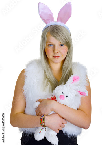Photo: Young blonde in a fancy-dress with toy rabbit Young blonde in a fancy-dress with toy rabbit