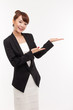 Asian business woman indicate blank space isolated