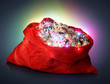 Photo: Santa red bag with Christmas toys and glowing garland Santa red bag with Christmas toys and glowing garland