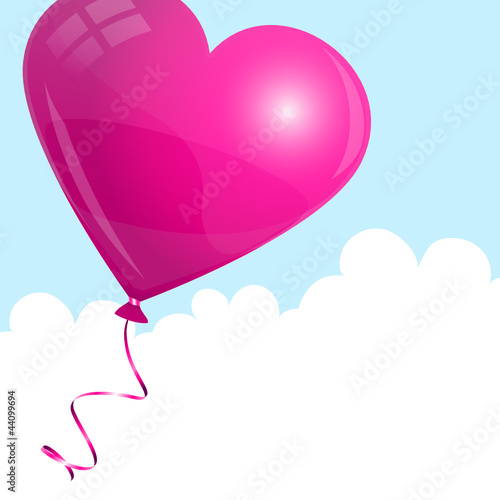 Vector: Flying Pink Heart Balloon Sky & Clouds Flying Pink Heart Balloon Sky & Clouds