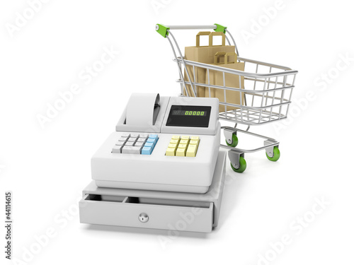 Illustration: 3d illustration: Sale and purchase. Cash mashines and shopping c 3d illustration: Sale and purchase. Cash mashines and shopping c
