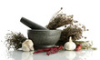 dried herbs in mortar and vegetables, isolatrd on white
