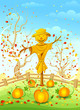 Scarecrow in garden. Vector illustration
