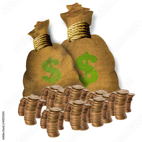 Illustration: Bags and Stack of Coins. Bags and Stack of Coins.