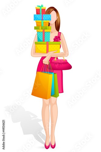 Vektor: vector illustration of lady with gift colorful box vector illustration of lady with gift colorful box