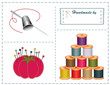 Silver needle, thimble, threads, ribbons, pins for sewing, diy