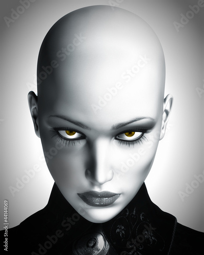 Illustration: Photo-realistic Illustration of Beautiful Bald Futuristic Woman Photo-realistic Illustration of Beautiful Bald Futuristic Woman