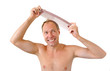 Photo: Smiling man hand holding comb on the head Smiling man hand holding comb on the head
