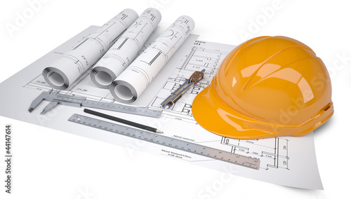 Illustration: Helmet and tools for construction drawings Helmet and tools for construction drawings