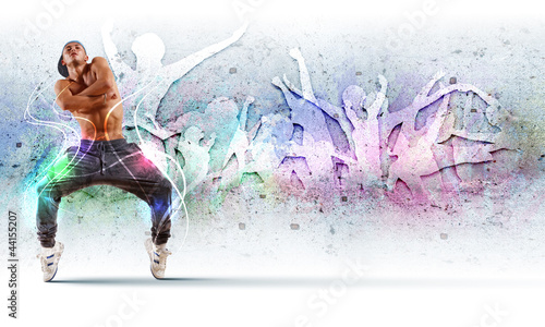 Photo: young man dancing hip hop with color lines young man dancing hip hop with color lines