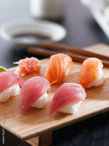 Photo: Sushi - Salmon and tuna nigiri Sushi - Salmon and tuna nigiri