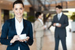 beautiful young businesswoman having coffee break