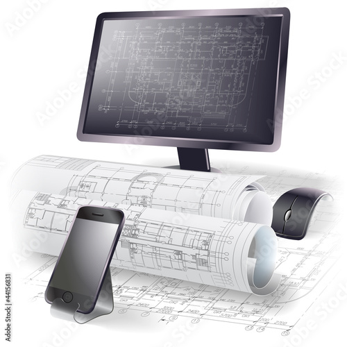 Vector: Architectural background with a monitor and rolls of drawings Architectural background with a monitor and rolls of drawings