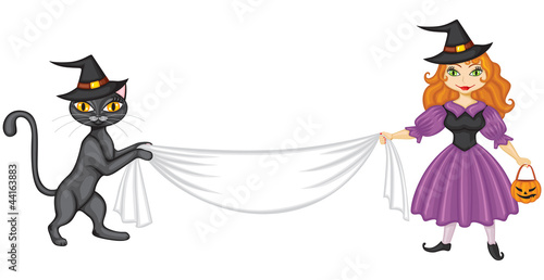Vector: Witch and cat with banner Witch and cat with banner