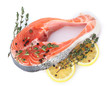 Red fish with lemon and thyme isolated on white.