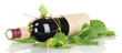 bottle of wine with grape leaves isolated on white