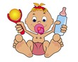 weibliches Baby mit Klapper und Flasche