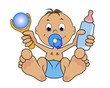 männliches Baby mit Klapper und Flasche