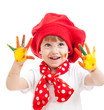 cheerful girl child with painted hands, isolated over white