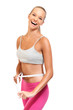 young beautiful woman with measure tape on white
