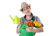 Girl watering plants on white