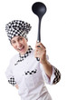 Woman cook with ladle on white
