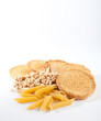Photo: bread, pasta & cereals isolated on the white background bread, pasta & cereals isolated on the white background