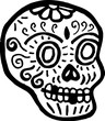 A skull with teeth missing represented in black and white