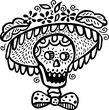 A black and white picture of a skull wearing a hat