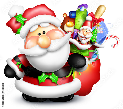 Illustration: Whimsical Cartoon Santa with Gift Bag and Toys Whimsical Cartoon Santa with Gift Bag and Toys