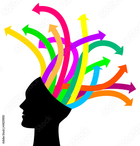 Vector: Thoughts and options - vector illustration of head with arrows Thoughts and options - vector illustration of head with arrows