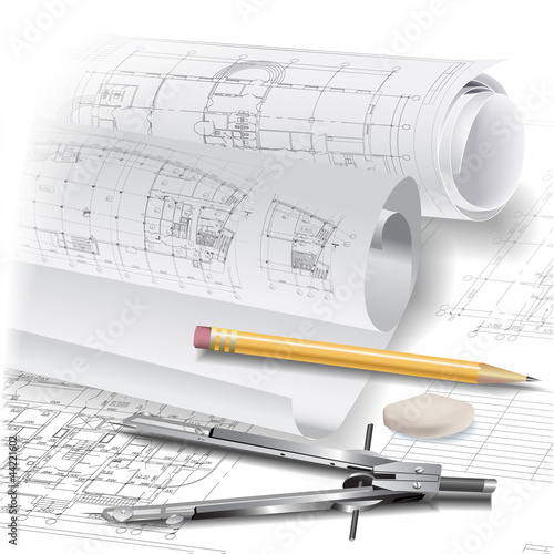 Vektor: Architectural background with rolls of drawings Architectural background with rolls of drawings